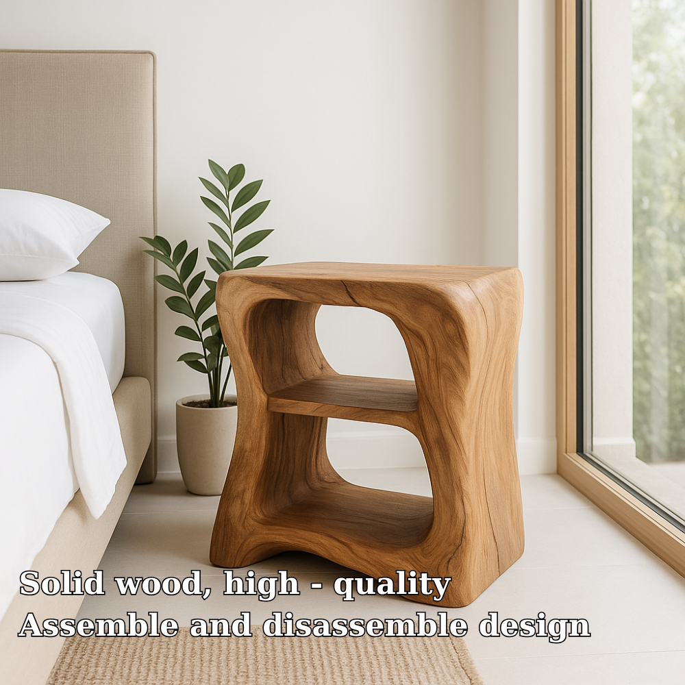 Handcrafted Solid Wood Nightstand – Sculpted Organic Bedside Table with Open Shelves Kitchnce