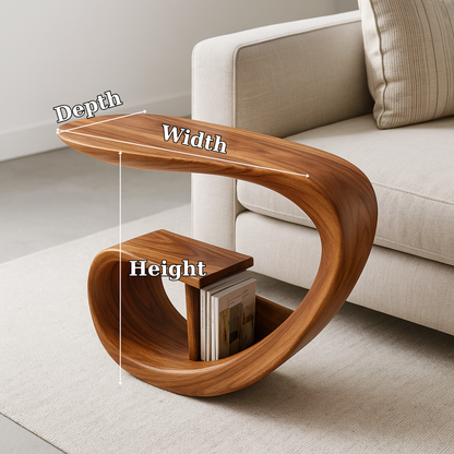 Handcrafted Solid Wood Armrest Table with Organic Sculpted Design & Storage Slot Kitchnce