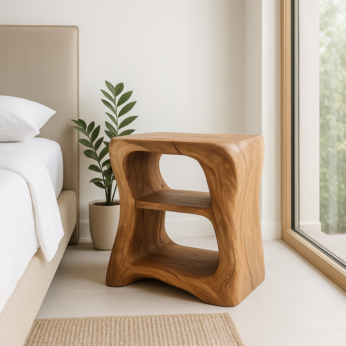 Handcrafted Solid Wood Nightstand – Sculpted Organic Bedside Table with Open Shelves Kitchnce