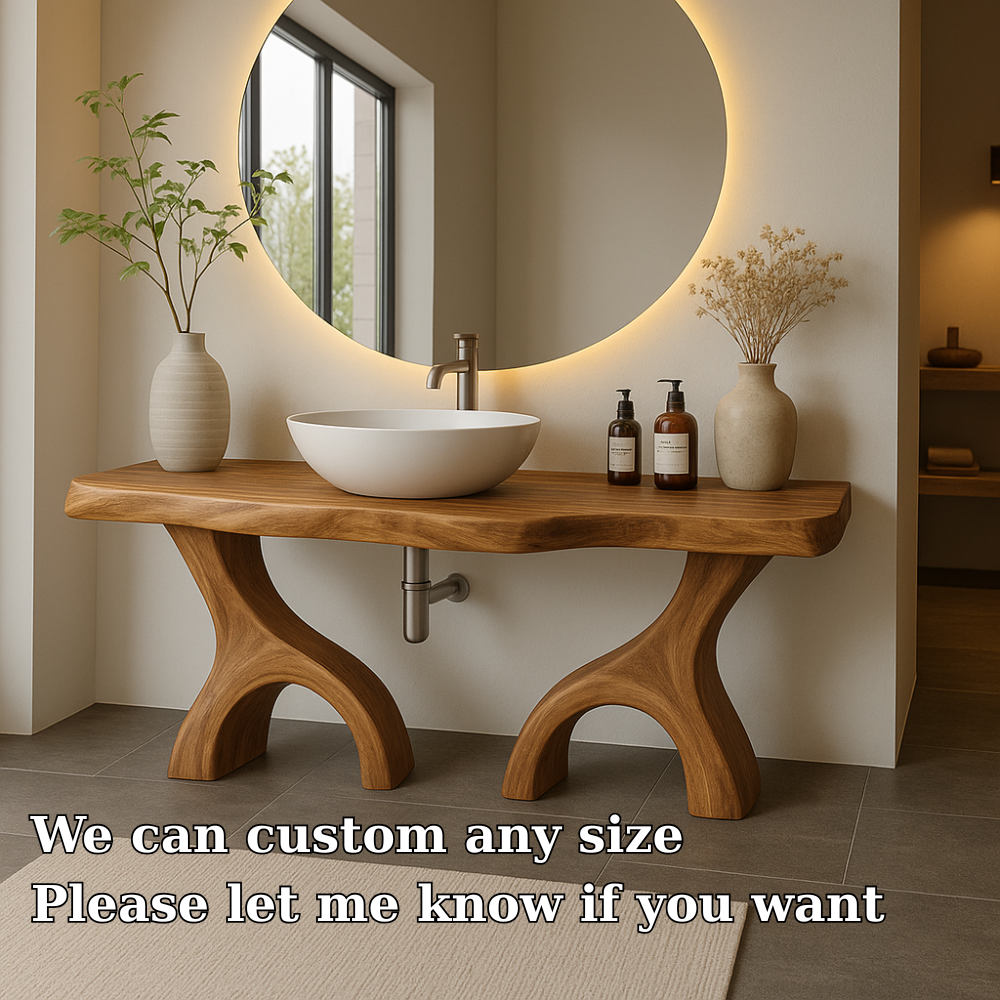 Handcrafted Solid Wood Bathroom Vanity with Dual Arched Base – Modern Organic Bathroom Design Kitchnce