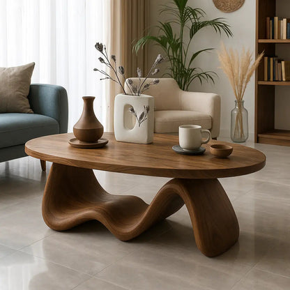 Handcrafted Solid Wood Coffee Table with Organic Wave Base – Modern Sculptural Design Kitchnce