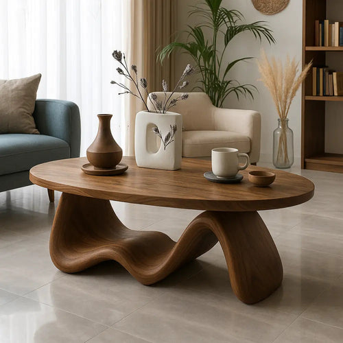 Handcrafted Solid Wood Coffee Table with Organic Wave Base – Modern Sculptural Design Kitchnce
