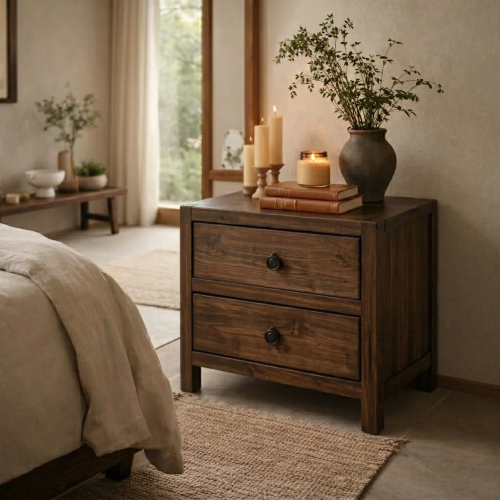 Solid Wood Nightstand with 2 Drawers – Rustic Bedside Table Storage Cabinet