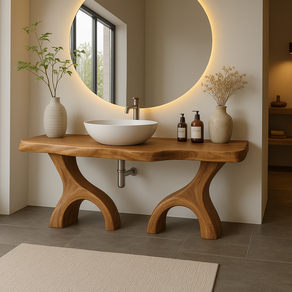 Handcrafted Solid Wood Bathroom Vanity with Dual Arched Base – Modern Organic Bathroom Design Kitchnce