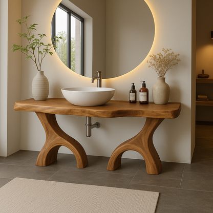 Handcrafted Solid Wood Bathroom Vanity with Dual Arched Base – Modern Organic Bathroom Design Kitchnce