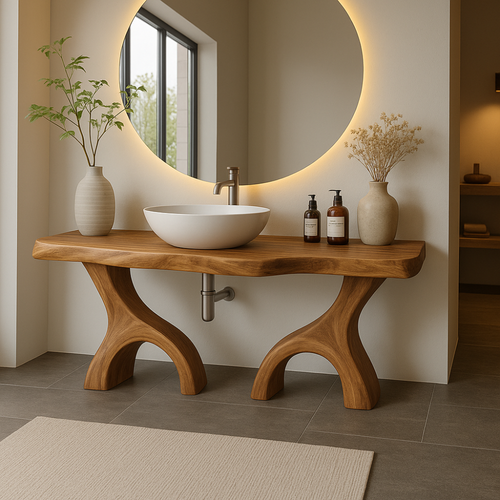 Handcrafted Solid Wood Bathroom Vanity with Dual Arched Base – Modern Organic Bathroom Design Kitchnce
