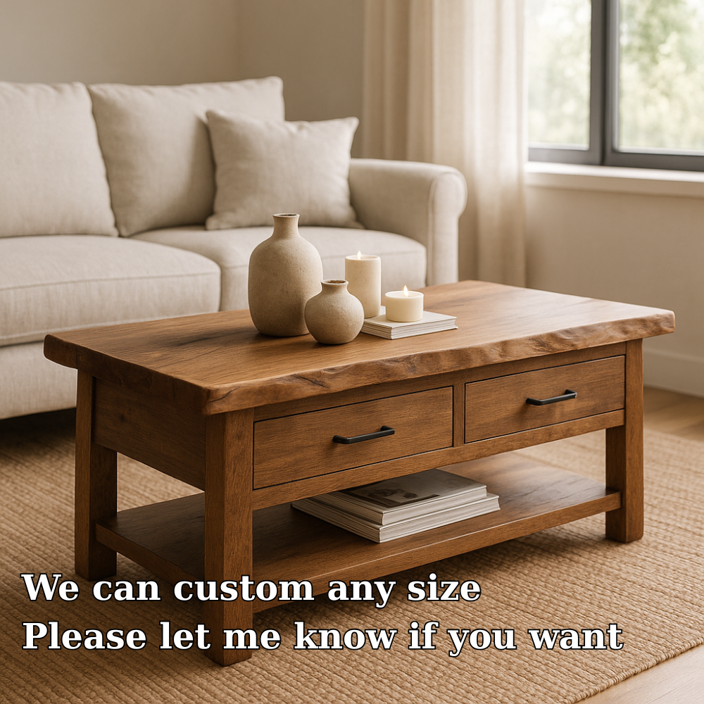 Handcrafted Solid Wood Coffee Table with Drawers – Rustic Live Edge Design for Modern Living Rooms Kitchnce