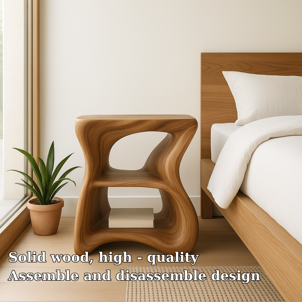 Handcrafted Solid Wood Nightstand – Modern Organic Bedside Table with Sculpted Shelves Kitchnce