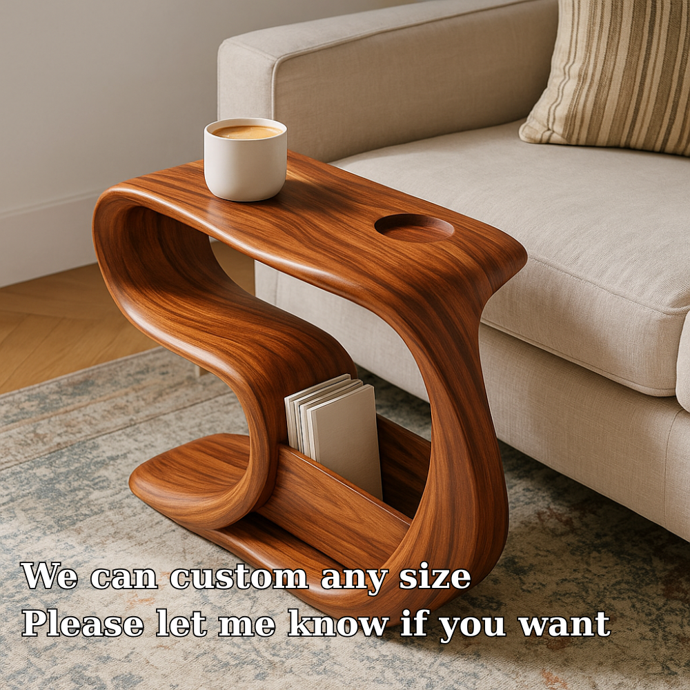 Solid Wood Sofa Armrest Table with Cup Holder and Magazine Storage Side Table