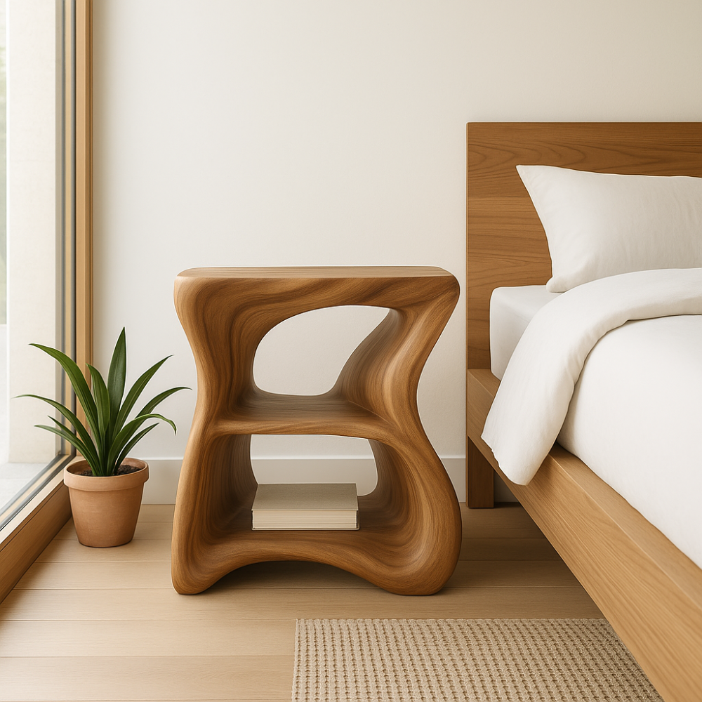 Handcrafted Solid Wood Nightstand – Modern Organic Bedside Table with Sculpted Shelves Kitchnce