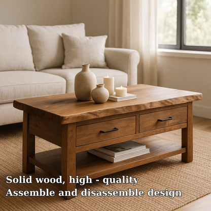 Handcrafted Solid Wood Coffee Table with Drawers – Rustic Live Edge Design for Modern Living Rooms Kitchnce