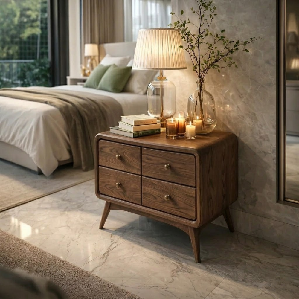 Solid Wood Nightstand with 4 Drawers – Modern Bedside Table Storage