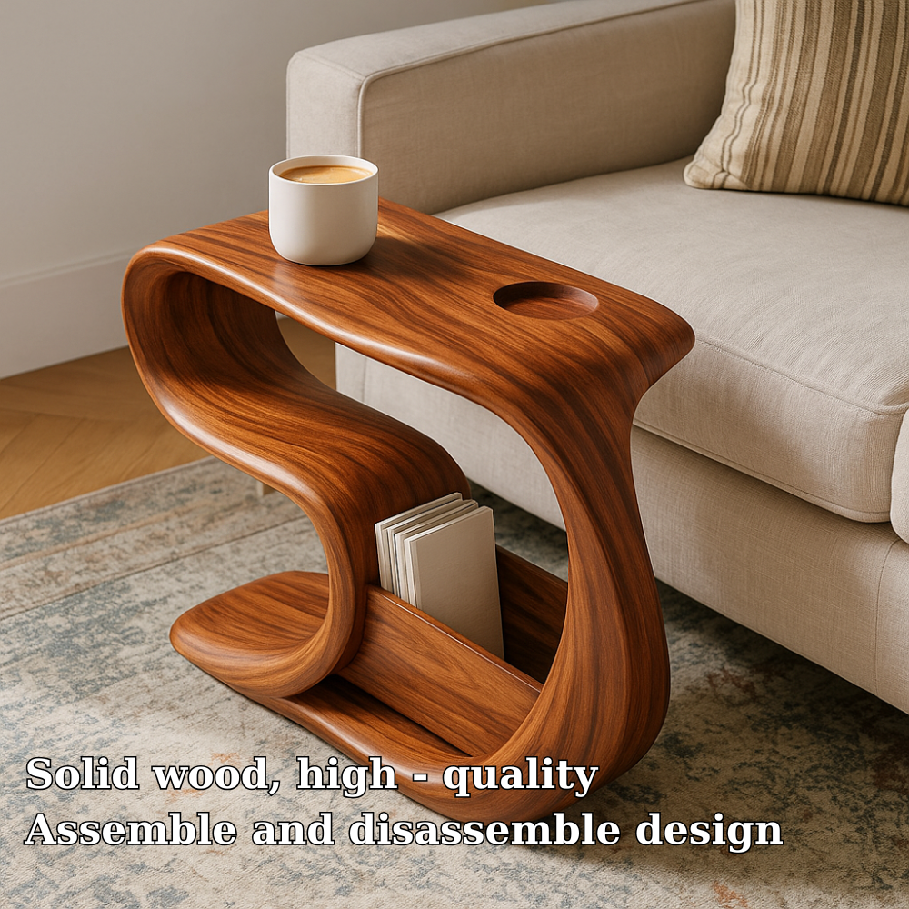 Handcrafted Solid Wood Armrest Table – Sculpted Organic Side Table with Storage Shelf Kitchnce