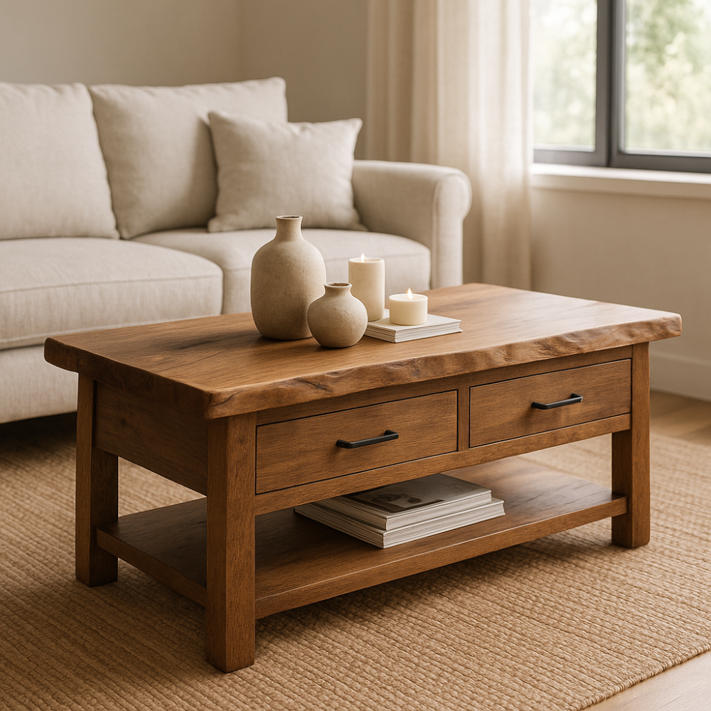 Handcrafted Solid Wood Coffee Table with Drawers – Rustic Live Edge Design for Modern Living Rooms Kitchnce