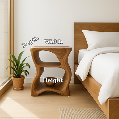 Handcrafted Solid Wood Nightstand – Modern Sculptural Bedside Table with Open Shelves Kitchnce