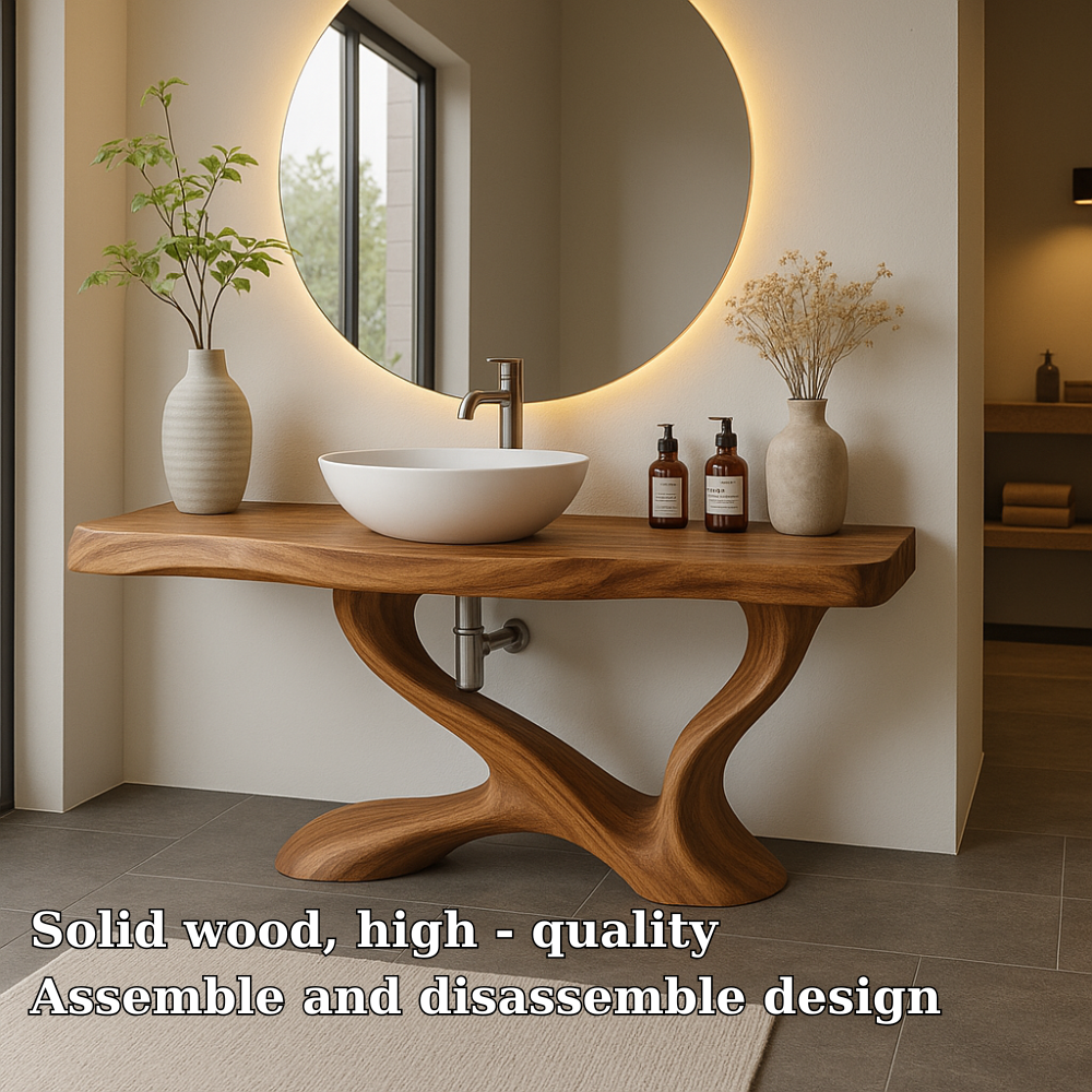 Handcrafted Solid Wood Bathroom Vanity with Sculptural Base – Modern Organic Bathroom Design Kitchnce