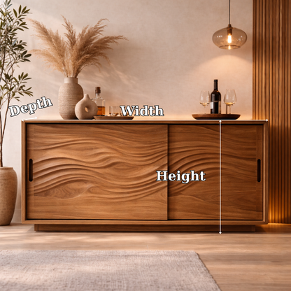 Solid Wood Console Table with Carved Wave Doors – Modern Walnut Sideboard Cabinet
