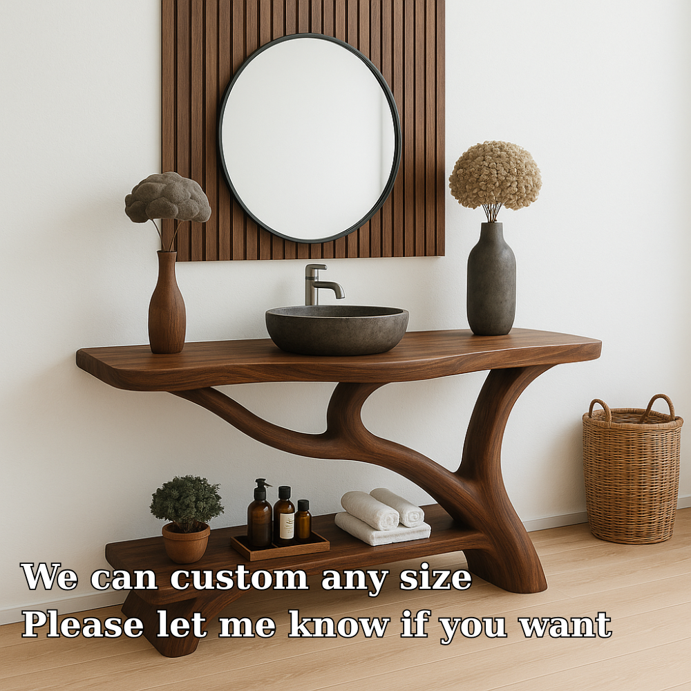 Handcrafted Solid Wood Bathroom Vanity – Organic Sculptural Design with Open Shelf Storage Kitchnce