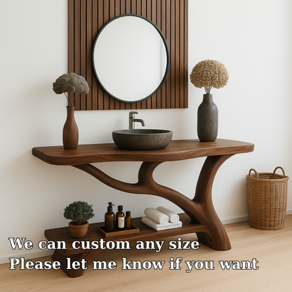 Handcrafted Solid Wood Bathroom Vanity – Organic Sculptural Design with Open Shelf Storage Kitchnce