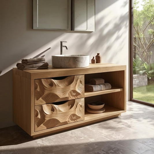 Carved Solid Wood Bathroom Vanity with Storage – Modern Wall-Mounted Unit
