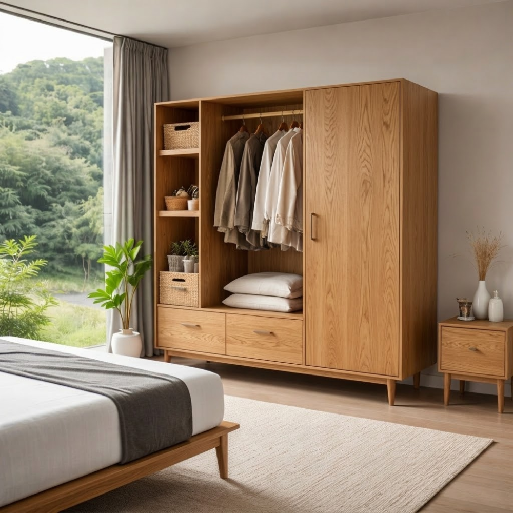 Solid Wood Wardrobe with Shelves and Drawers – Modern Bedroom Storage Closet