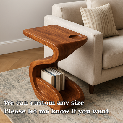 Solid Wood Sofa Armrest Table with Cup Holder and Magazine Storage Side Table