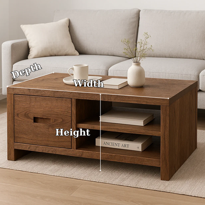 Solid Wood Coffee Table with Storage Drawer and Shelf – Modern Rustic Living Room Table