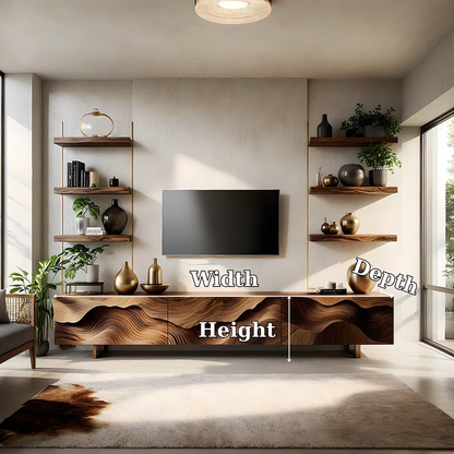 Solid Wood TV Stand Modern Walnut Media Console with Sculpted Wave Doors