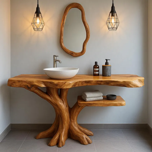 Handcrafted Solid Wood Bathroom Vanity with Tree-Inspired Base – Organic Natural Sink Stand Kitchnce