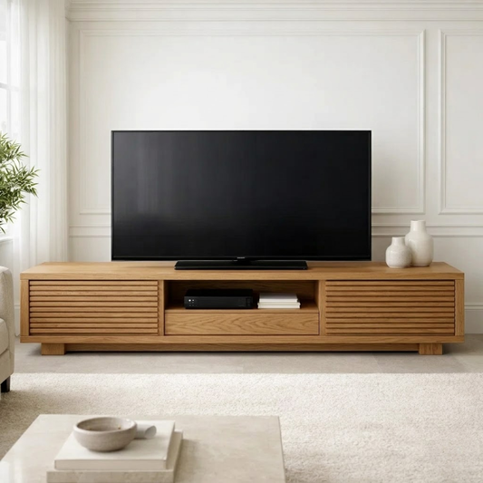 Solid Wood Media Console with Slatted Doors, Modern TV Stand with Storage