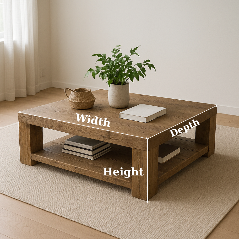 Handcrafted Solid Wood Coffee Table – Rustic Minimalist Square Center Table with Open Shelf for Japandi or Modern Living Room Kitchnce