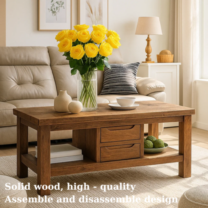 Handcrafted Solid Wood Coffee Table – Modern Farmhouse Center Table with Drawers and Open Shelf for Cozy Living Room Kitchnce