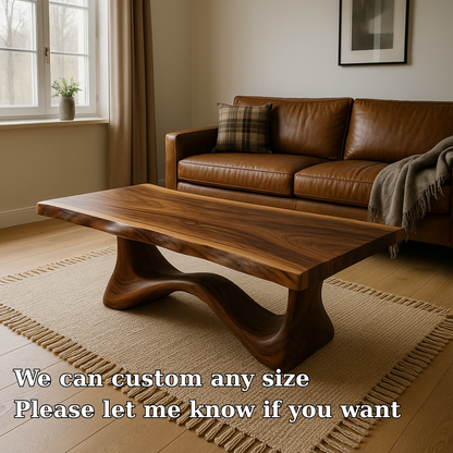 Solid Wood Coffee Table Modern Walnut with Sculptural Curved Base