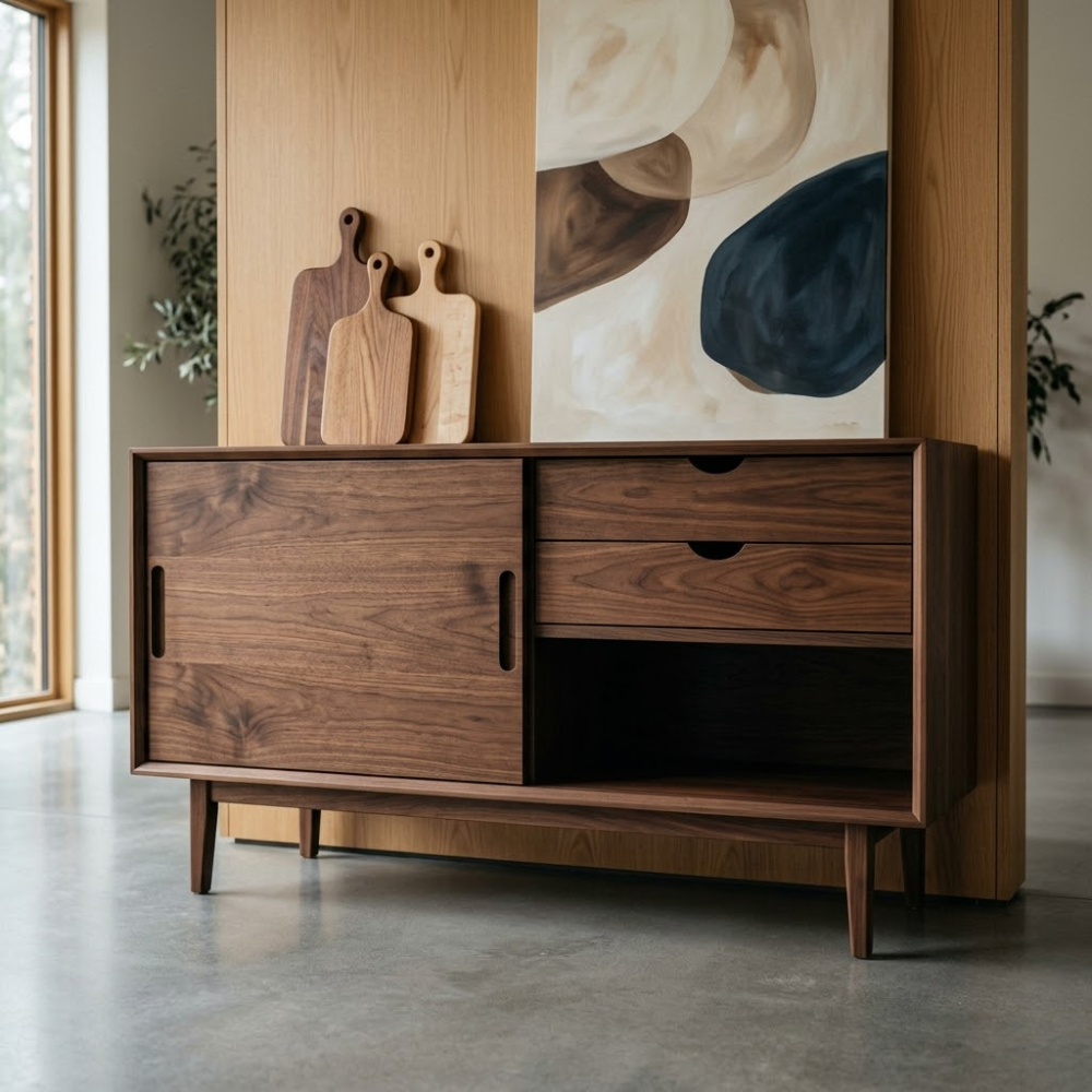 Mid Century Solid Wood Console Cabinet with Sliding Door and Drawers