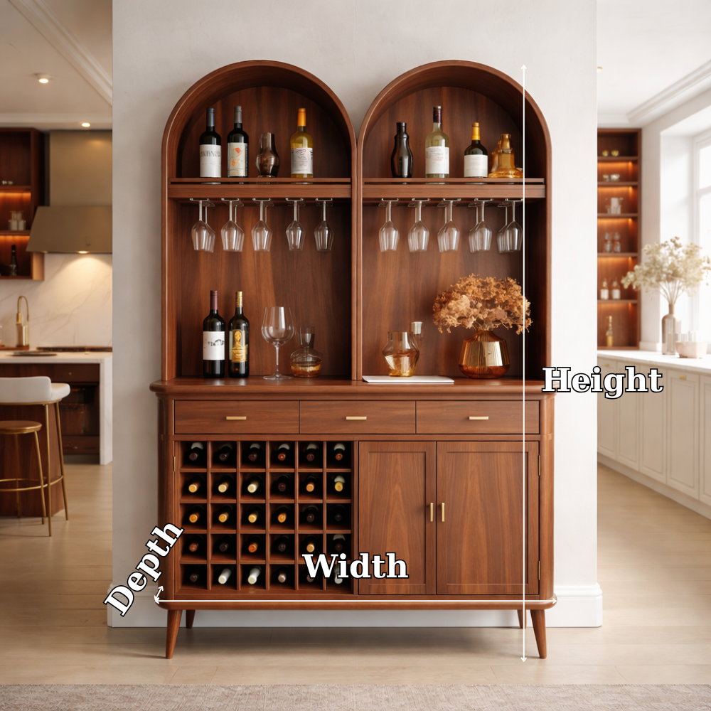 Solid Wood Arched Bar Cabinet with Wine Rack and Hanging Glass Storage