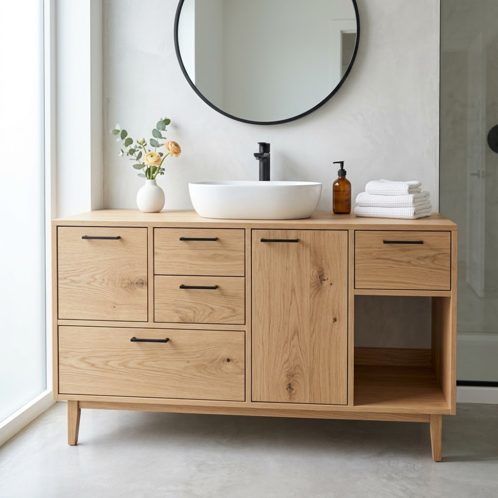 Solid Wood Bathroom Vanity with Drawers & Open Storage – Modern Design