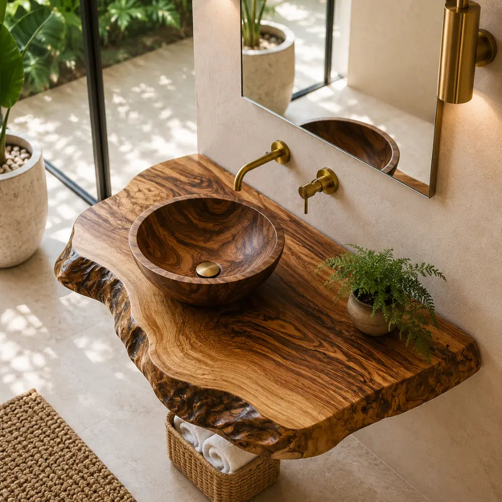 Double Live Edge Floating Vanity Shelf | Solid Wood Honey Bathroom Counter Kitchnce