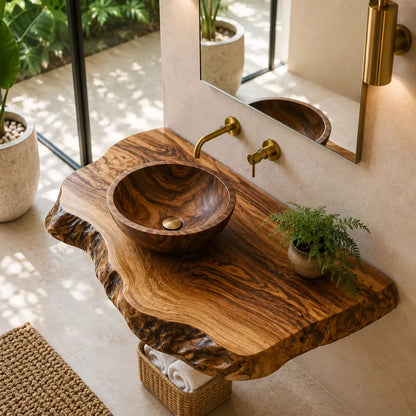 Double Live Edge Floating Vanity Shelf | Solid Wood Honey Bathroom Counter Kitchnce