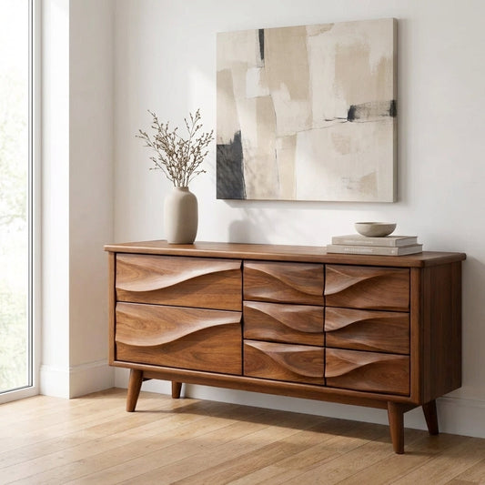 Solid Wood Console Table with Multi Drawer Wave Front Design for Modern Home