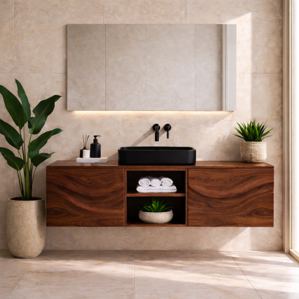 Floating Walnut Bathroom Vanity, Wall Mounted Wood Vanity Cabinet with Open Shelf