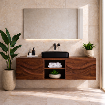 Floating Walnut Bathroom Vanity, Wall Mounted Wood Vanity Cabinet with Open Shelf Kitchnce