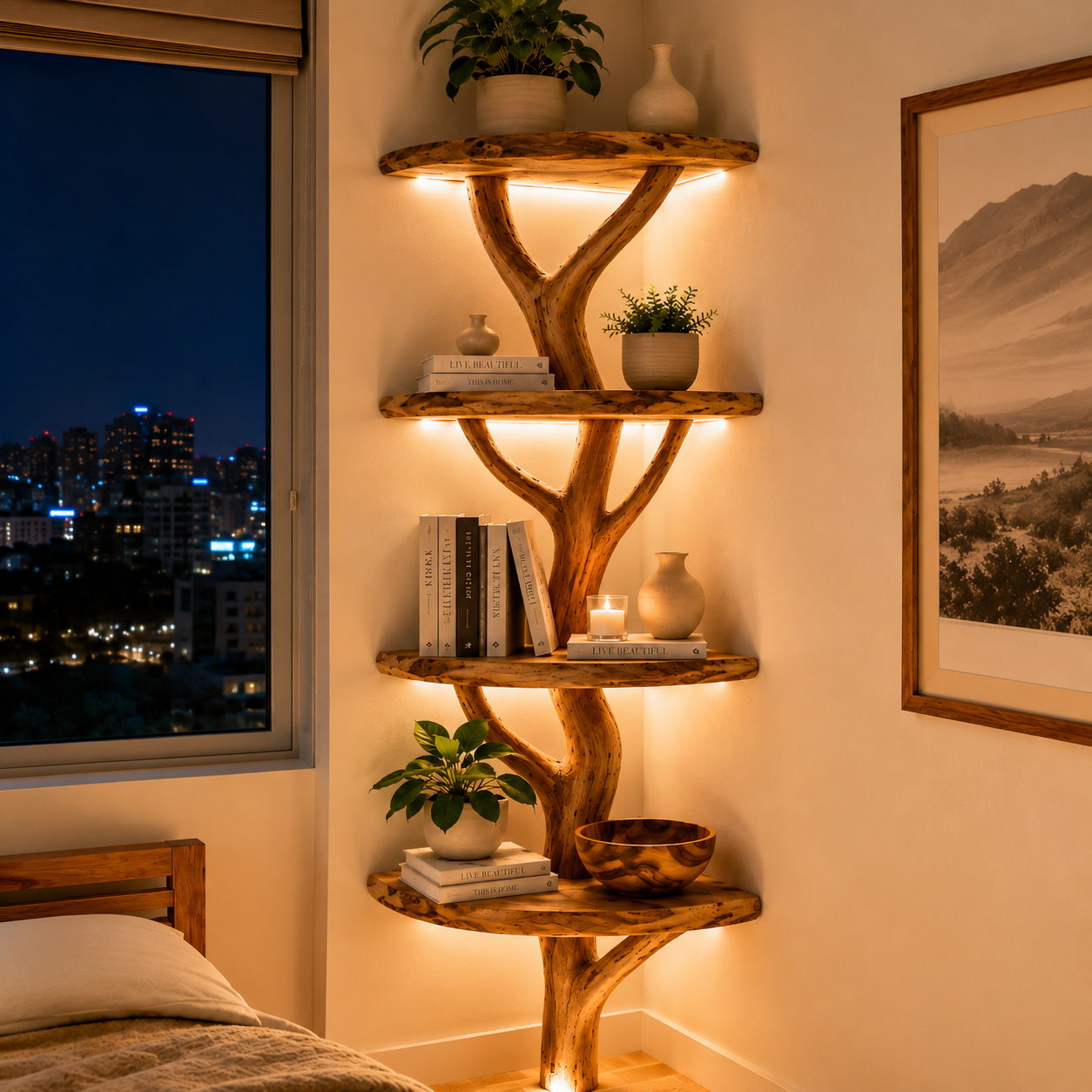 Handcrafted Solid Wood Tree Corner Shelf with Twisted Branch Design