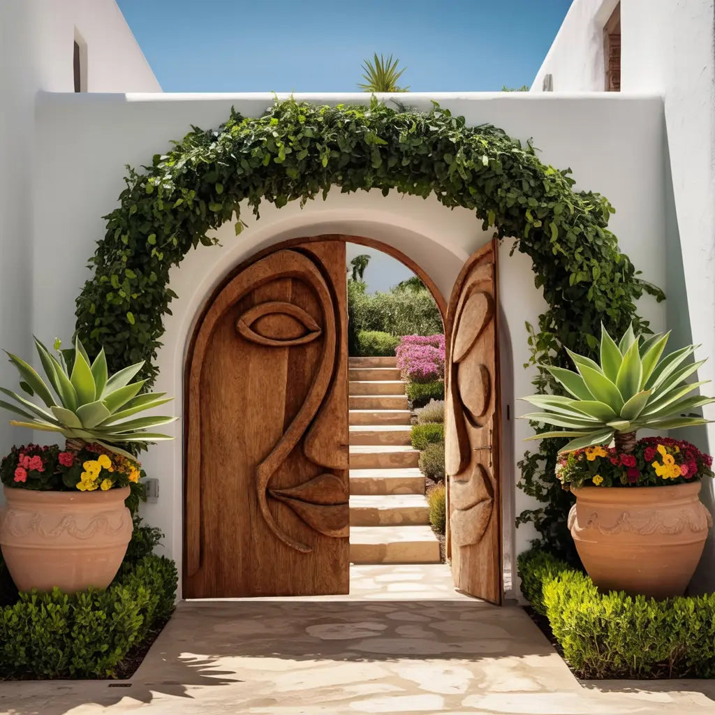 Artistic Face Carved Entry Door For Villa Entrance Kitchnce