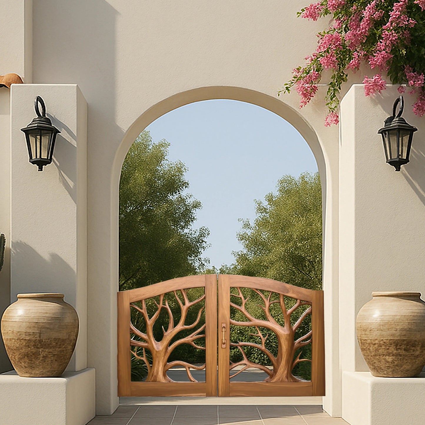 Rustic Tree Carved Entrance Gate For Garden Driveway Kitchnce