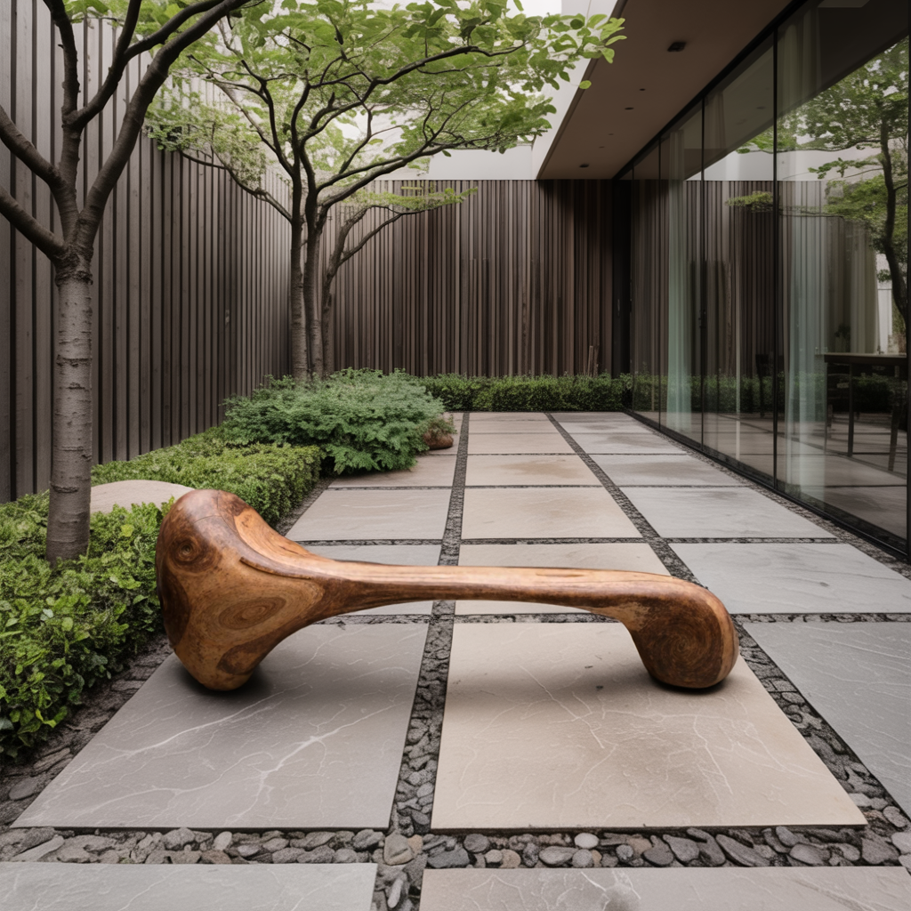 Sculptural Wood Bench For Garden Poolside Or Patio Kitchnce