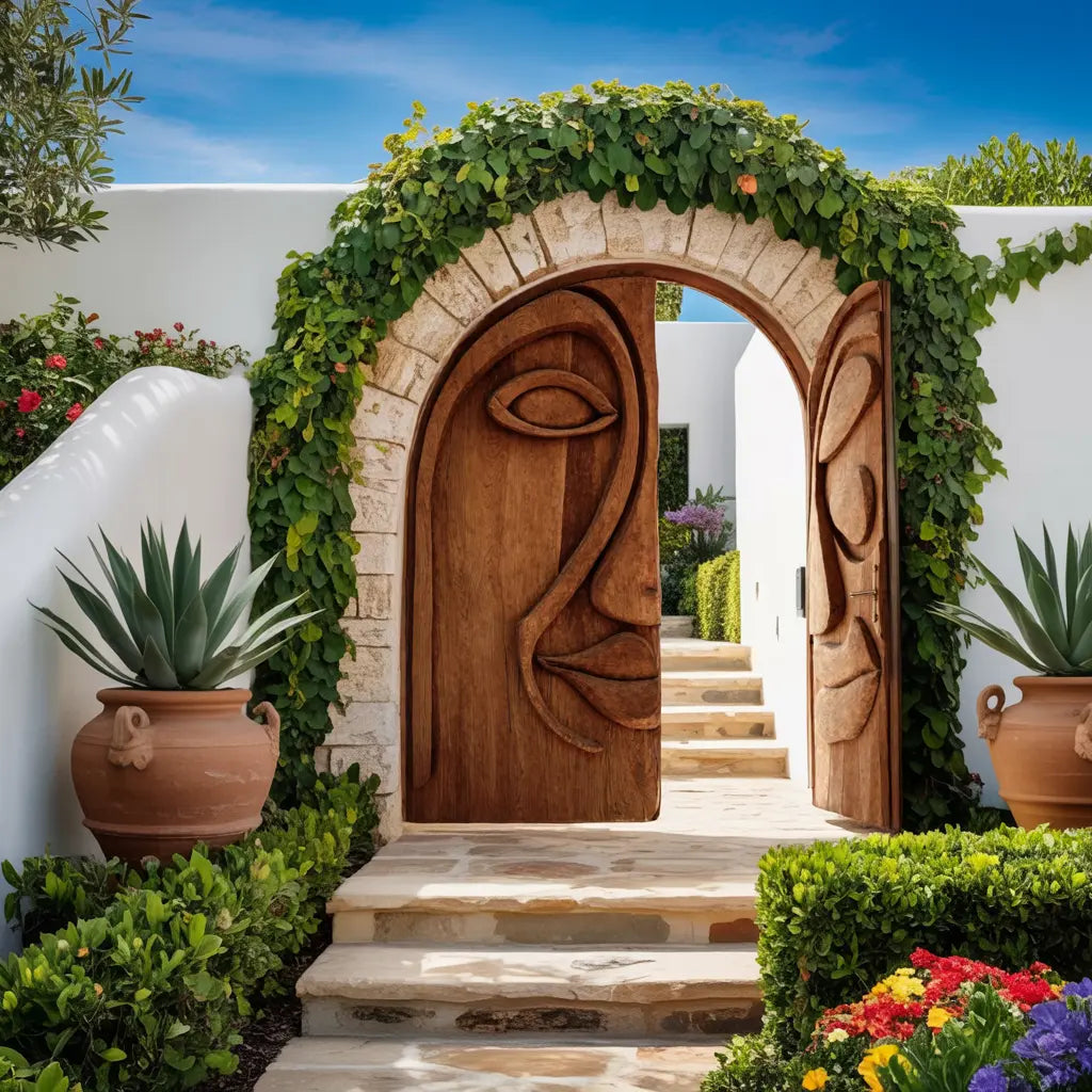 Artistic Face Carved Entry Door For Villa Entrance Kitchnce
