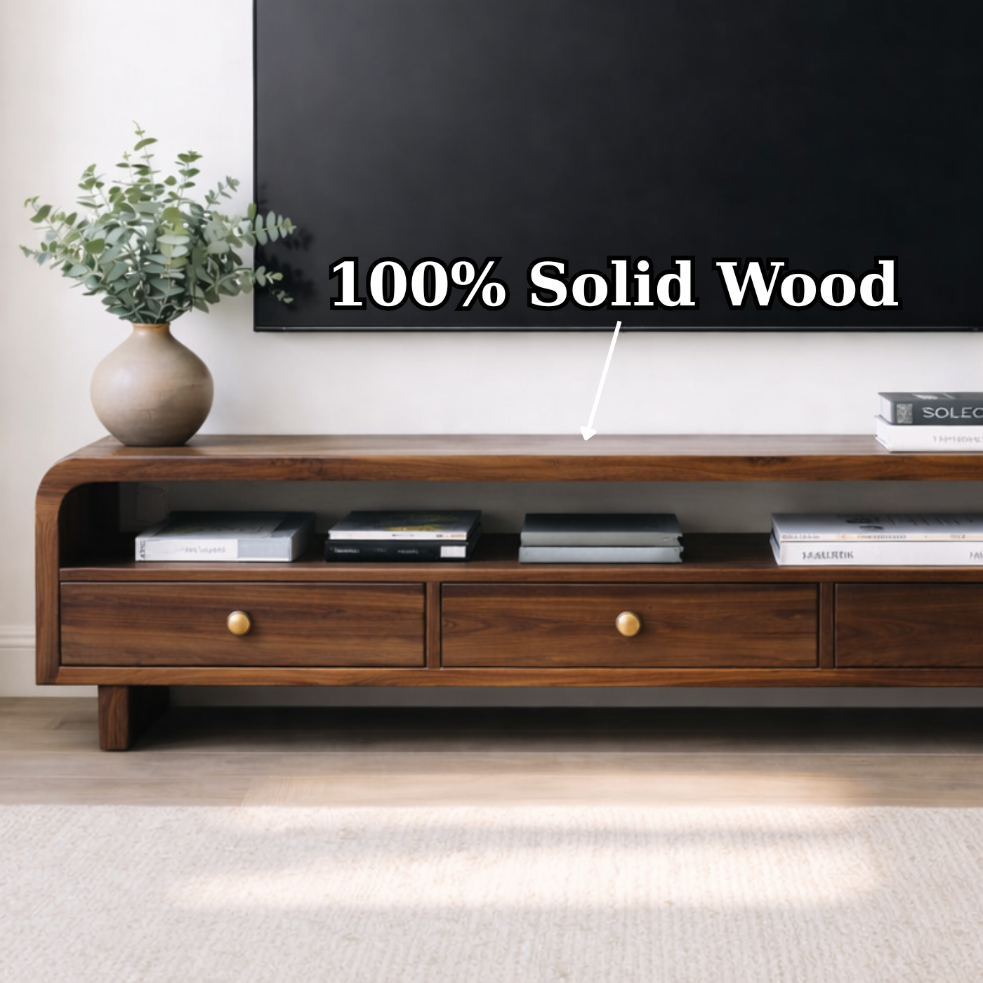 Mid Century Walnut TV Stand with Drawers – Solid Wood Media Console Cabinet