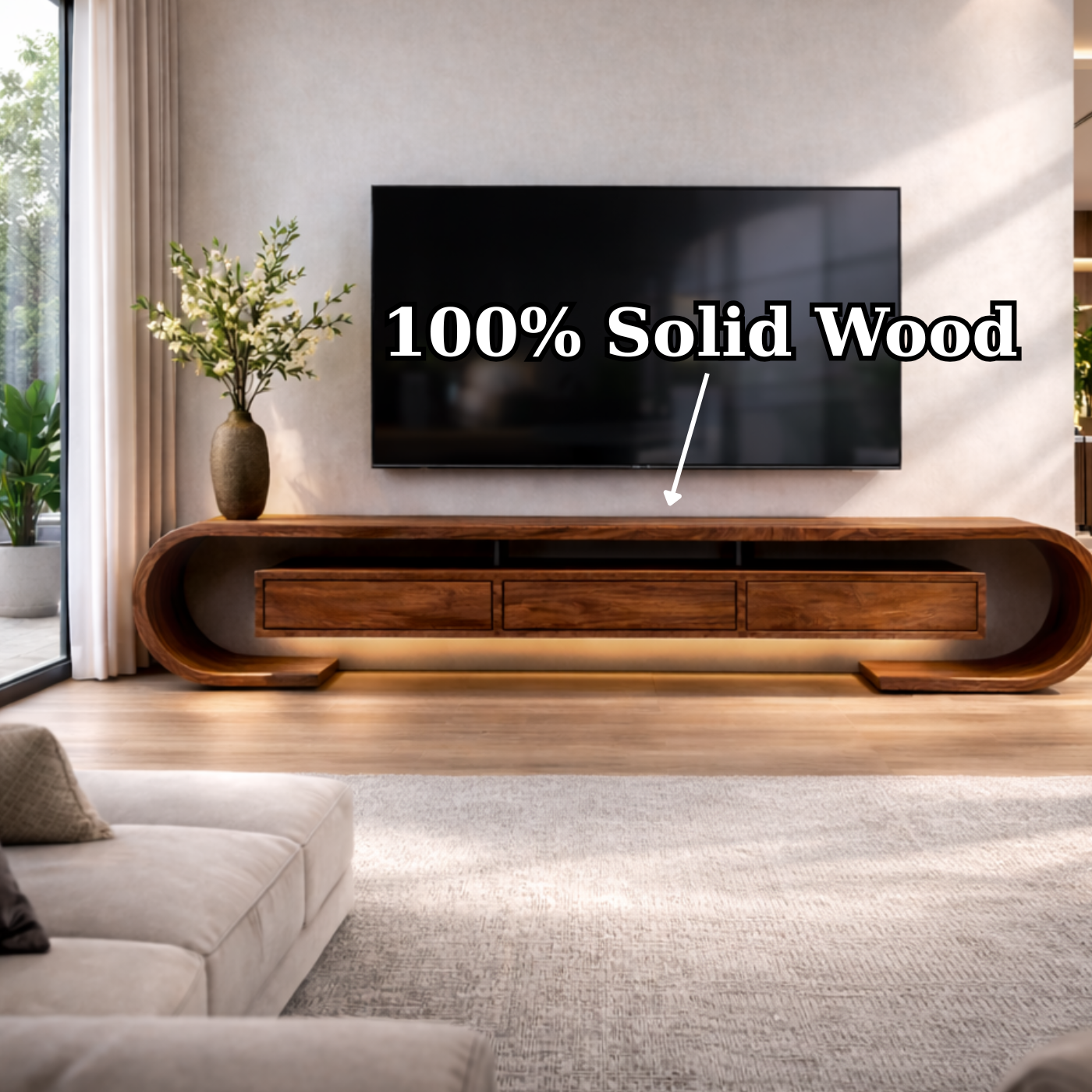 Modern Curved Solid Wood TV Stand – Walnut Floating Media Console with Drawers Kitchnce