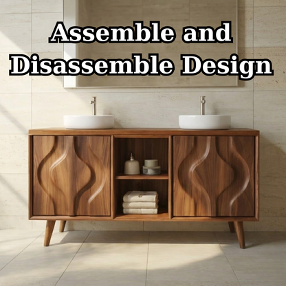 Mid-Century Solid Wood Double Bathroom Vanity Cabinet with Sculpted Wave Doors and Open Shelf