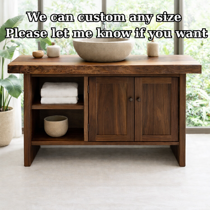 Solid Wood Bathroom Vanity Cabinet with Double Doors and Open Shelf – Rustic Modern Freestanding Vanity Base Kitchnce
